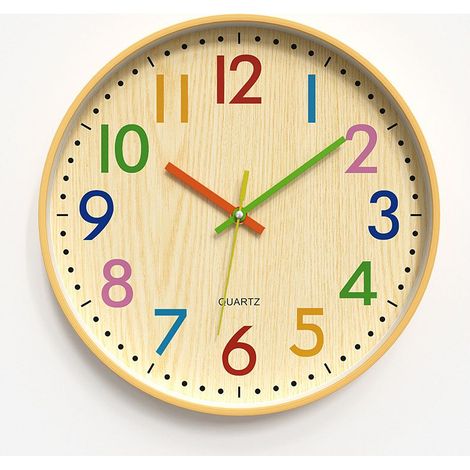 Horloge murale 30cm, motif bambou avec bord fin et chiffres colorés, silencieuse pour chambre d'enfant et salon (1/5)
