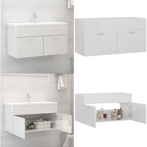 Armario para lavabo contrachapada blanco brillo 90x38,5x46 cm - Armario de baño - Armario blanco brillo