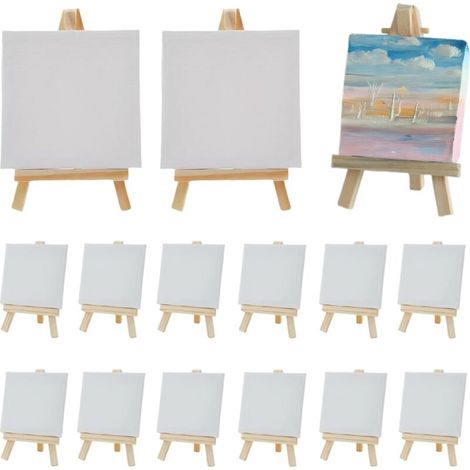 Lot de 12 Mini Chevalets Toiles, Kit pour Peinture, Dessin, Bricolage, Décoration de Table, Chevalet de Table, 10x10 CM Mini Toile avec Chevalet en Bois 8x15 CM, Support Trépied Pliable