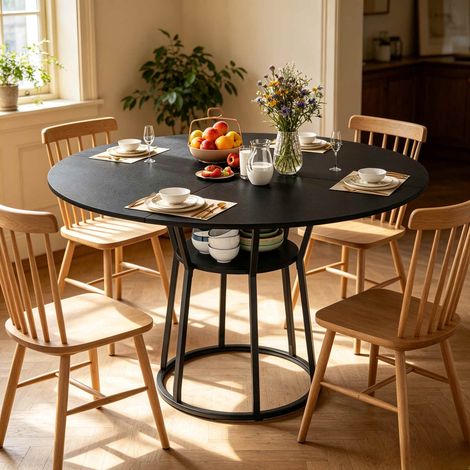 Tavolo da pranzo rotondo 120 cm – tavolo da cucina – piano in legno e metallo – contenitore integrato – 75 kg – nero (1/5)