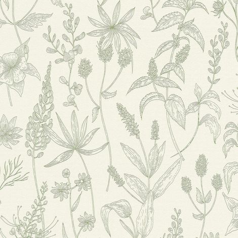 Papier peint blanc et vert olive Papier peint fleuri pailleté Papier peint clair chambre & salle de bain - 10,05 x 0,53 m (1/5)