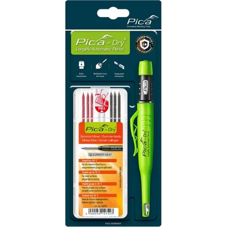 Marqueur de construction Pica-Dry – Mine graphite spéciale pour surfaces sèches et humides – Taille-crayon intégré – Effaçable à l'humide