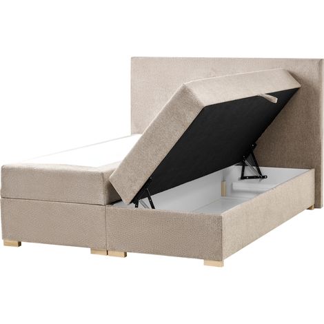 Cama continental con almacenaje elevable de tela 140 x 200 cm con cabecero gris pardo Major