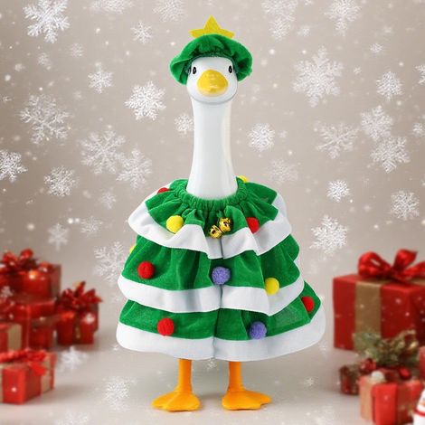 Costume De Noël Pour Statue D'Oie - Robe Et Chapeau Arbre De Noël Avec Pompons Et Clochettes - Rouge Vert - Pour Statue Extérieure 40 cm - Lot De 1 (1/5)