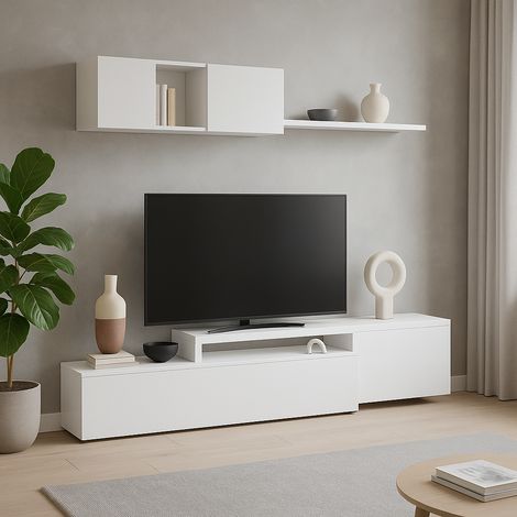 Parete Attrezzata Mobile Soggiorno TV con Mensola Pensile Salotto Legno Base Televisione Sala da Pranzo Design Moderno Modulare Reversibile Adelaide 201 x 41 x 44 cm Colore Bianco (1/5)