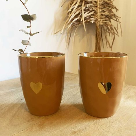 Coffret 2 tasses en faïence ocre et doré (1/5)