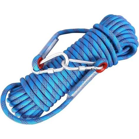 Corde d'escalade – Corde de sécurité extérieure – Double mousqueton – Très résistante et durable – Idéale pour le camping, la randonnée, le rafting et l'amarrage – Bleue – 10 mètres (1/5)