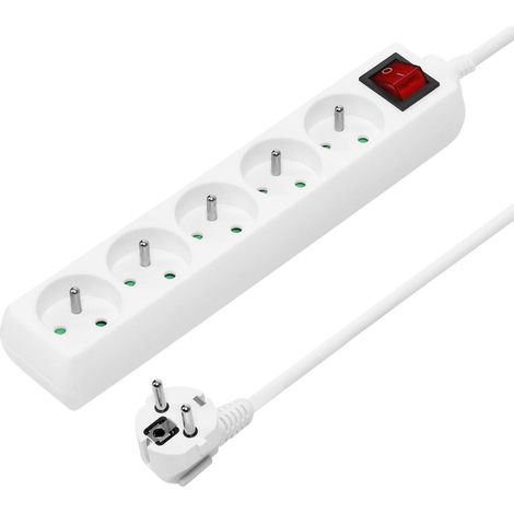 Multiprise avec interrupteur général 3 m, 5 prises, rallonge 230 V, 5 prises françaises orientées à 45°, multiprise de qualité avec sécurité enfant, couleur : blanc (1/4)