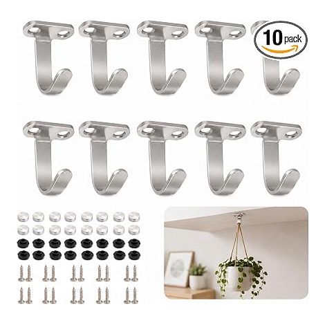 10 Stainless Steel Ceiling Hooks with Screws - Load 20 kg, Can Be Drilled for Strong Holding, for Kitchen, Bathroom, Balcony, Hanging Plants (1/5)
