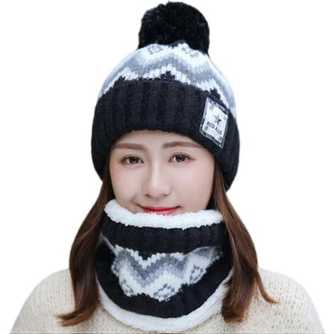 2-teiliges Wintermützen- und Schal-Set für Damen mit Plüschbommel-Dekor in Kontrastfarben und dickem Plüschfutter – kältebeständig-Black