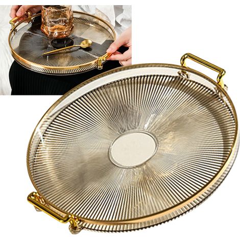 Plateau rond avec poignées, plateau de service rond transparent multi-usage pour pain, fruits, desserts et collations, cuisine, salle de bain, couleur or ambré (1/5)