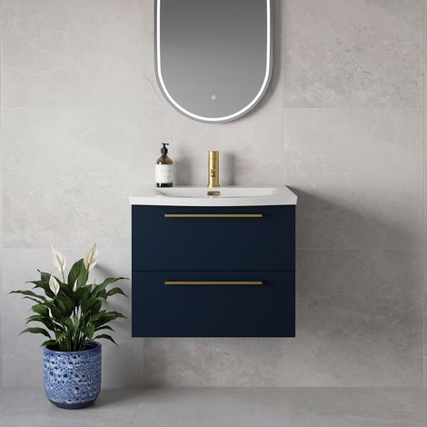 Napoli 390 Deep Blue 600mm Wall Mounted 2 Drawer Vanity Unit with Arc Basin - 600mm - Brushed Brass 320mm Handle