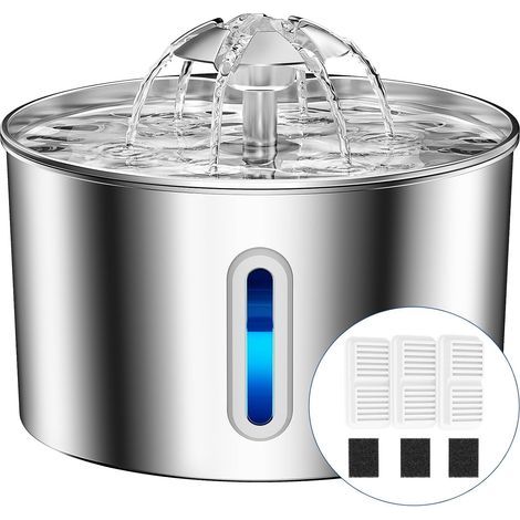 Fontaine a Eau Chat INOX, 2,2L Super Silencieuse Fontaine à Eau pour Chat avec Fil Système de Quadruple Filtration et 3 Filtre, Facile à Mettoyer, LED Fontaines pour Chats