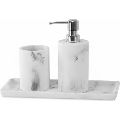 Set accessori bagno effetto marmo 3 pezzi con dispenser portaspazzolino e vassoio in resina Ivy