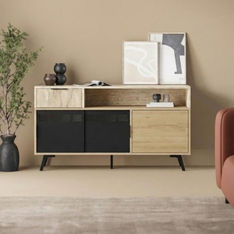 Madia Lulia Rovere e Travertino L 140 cm con Ante Scorrevoli in Metallo e Cassetto