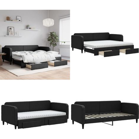 Tagesbett Ausziehbar mit Schubladen Schwarz 90x200 cm Stoff - Schlafzimmermöbel - Sofa Bett - Gästebett - Ausziehbares Bett - Tagesbett - Home & Living (1/5)
