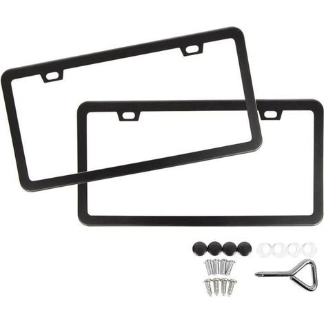 Cadre de plaque d'immatriculation à 2 trous en acier inoxydable avec trou carré et bord fin, accessoires et clé de serrage inclus, noir (1/4)