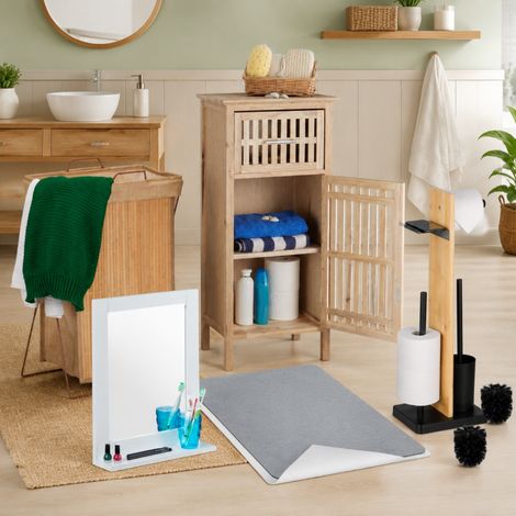 Bambus-Badezimmer-Spa-Set (5-teilig) – Wäschekorb, Schrank aus Walnussholz und Badematte aus Kieselgur (1/5)
