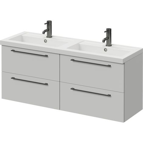 Napoli 390 Gloss Grey Pearl 1200mm Wall Mounted 4 Drawer Vanity Unit with Double Lucia Basins - 1200mm - Gunmetal Grey 320mm Handle