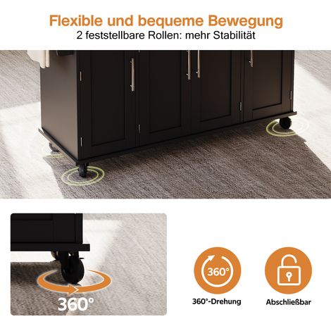 Îlot cuisine mobile 120×45cm plan escamotable,rangements et accessoires complets adaptés cuisine,salle à manger et salon.