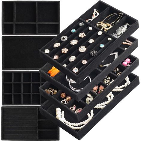 Lot de 4 plateaux à bijoux compartimentés, organiseurs pour bagues, boucles d'oreilles, colliers et bracelets, rangement pratique pour femmes et filles, noir (1/5)