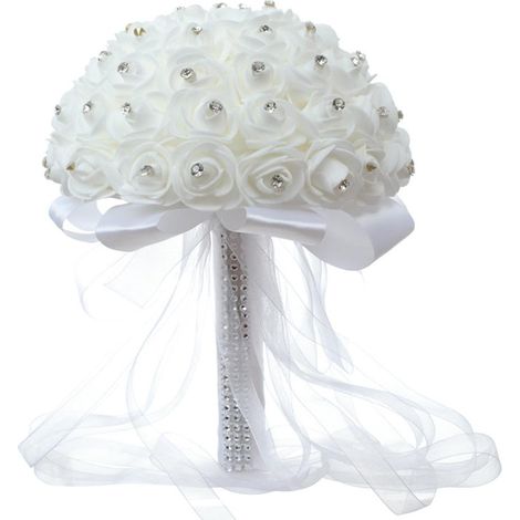 Bouquet de Roses Artificielles Blanc pour Mariage avec Perles Cristal, Idéal pour Cadeau de Fiançailles et Décoration d'Intérieur (1/5)