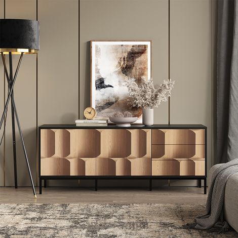 Tablero bajo Eliza, Negro/roble, 150 x 60 cm con 3 cajones, Vicco