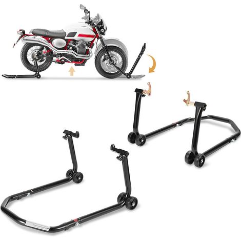 SWANEW Cavalletto per officina - Set di 2 - Per ruote anteriori e posteriori - Carrello elevatore nero (1/5)