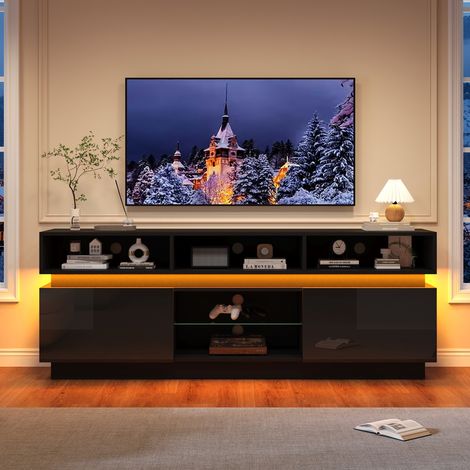 Mueble TV LED 160x35x60 cm, mueble bajo para salón para televisores de hasta 60 pulgadas, de MDF con estante de vidrio templado, negro (1/5)