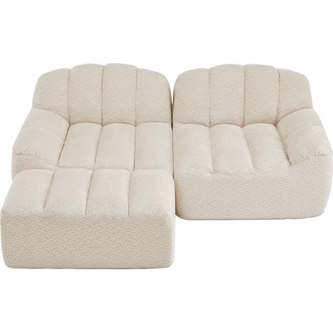 Divano modulare angolare 2 posti senza struttura con pouf, beige bianco (1/5)
