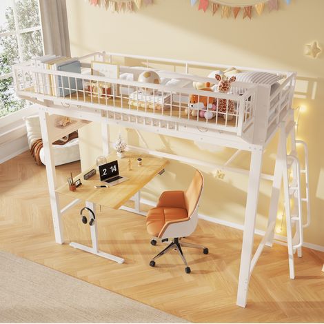 Lit mezzanine 90x200 cm blanc en métal avec rangements et espace inférieur ouvert (1/5)