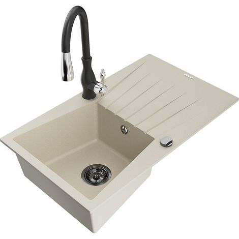Mexen Cesar 1 Becken-Granitspüle mit Abtropffläche und Mischbatterie Savita, Beige - 6514-69-672601- (1/5)
