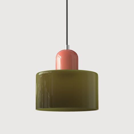 Petit lustre moderne en vitrail réglable, idéal pour une chambre, 15 cm de diamètre - douille rose + abat-jour vert. (1/5)