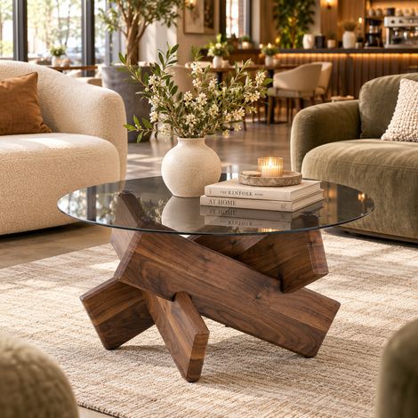 Table Basse Ronde Ø 79 cm, Plateau en Verre Fumé, Piètement Sculptural Effet Noyer, H 45 cm - Noyer (1/5)