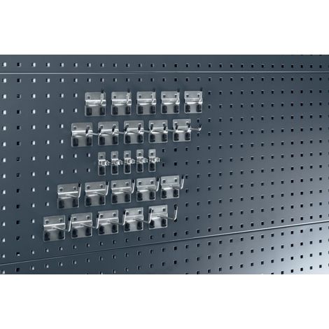Set di portautensili 25 pezzi per pannelli forati 15 fori / 5 doppi / 5 clip (1/2)