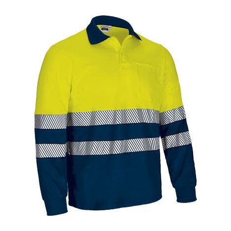 Polo térmico de Alta Visibilidad bicolor de manga larga y bolsillo VALENTO ALBURY S Amarillo flúor / Azul marino orión (1/3)