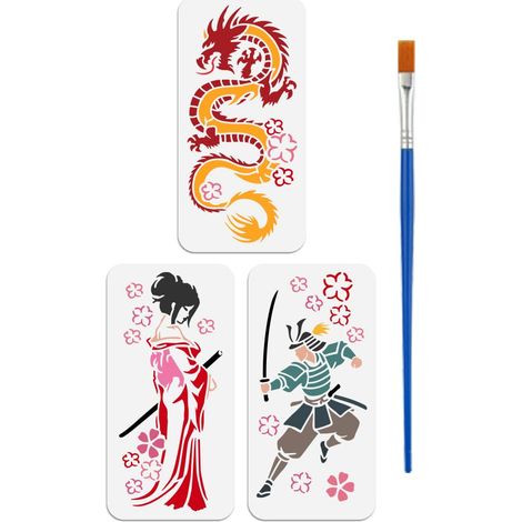 3 Pièces Pochoirs de Style Japonais avec un Pinceau 15x30cm Pochoirs de Samouraï Dragon Pochoir de Motif Femme et Fleurs Cerisier Gabarits Dessin pour Tissu Bois Artisanat Maison DIY (1/5)
