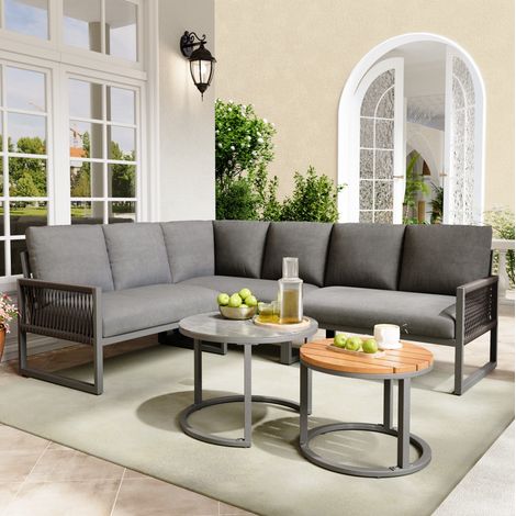 Conjunto de jardín esquinero 6-7 plazas con 2 mesas, gris, metal galvanizado y poliéster (1/5)