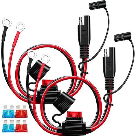 Lot de 2 Connecteur SAE 12V, Câble de Charge SAE pour Batterie de Moto, Connecteur Chargeur Batterie Moto avec Fusible 10A, 12V 16AWG Câble d'extension à déconnexion Rapide pour Tracteurs Voitures (1/5)