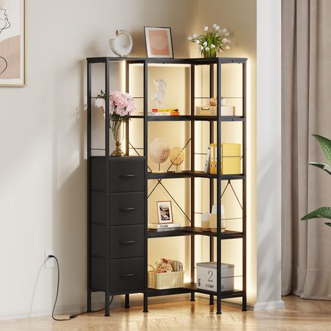 Corner Shelf with LED Lighting, 5 Tier Book Shelf with 4 Fabric Drawers, Shelves, Bookcase, Bookshelf, Shelving Unit, Floor Standing, for Living Room Bedroom Office