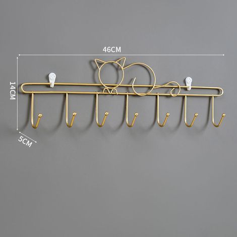 Kleiderhaken Wand Selbstklebend Ohne Bohren mit 7 Haken, Garderobenregal Design Goldene Katze, Langer Aufbewahrungshalter für Eingang oder Badezimmer-lsw