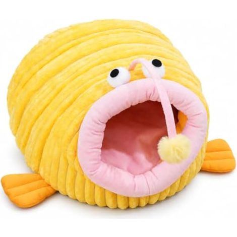 Cabane pr Chat en Tissu Poisson, Jaune, S 45×33×26 cm (1/5)