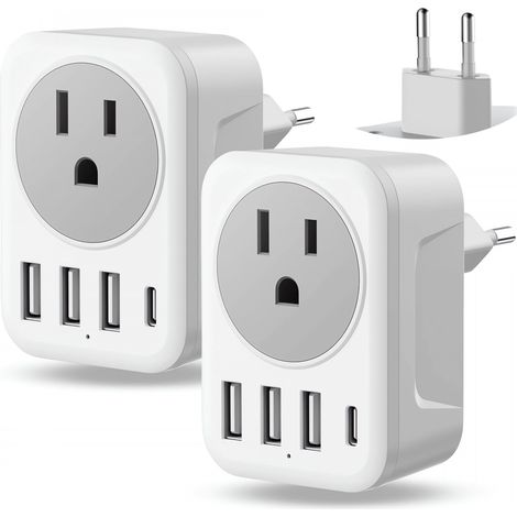 Lot 2 adaptateurs secteur USB-C européens, adaptateur Meromore US vers Europe, chargeur 4 ports USB, adaptateur secteur international type pour la le (1/5)