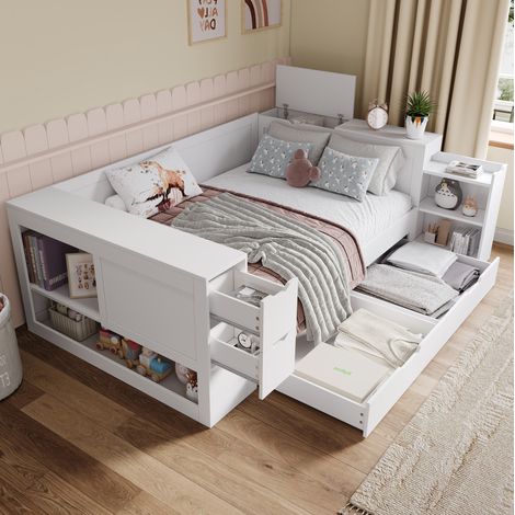 Cama con almacenamiento (254x145x60 cm), con cajones y espacio lateral, MDF blanco (1/5)
