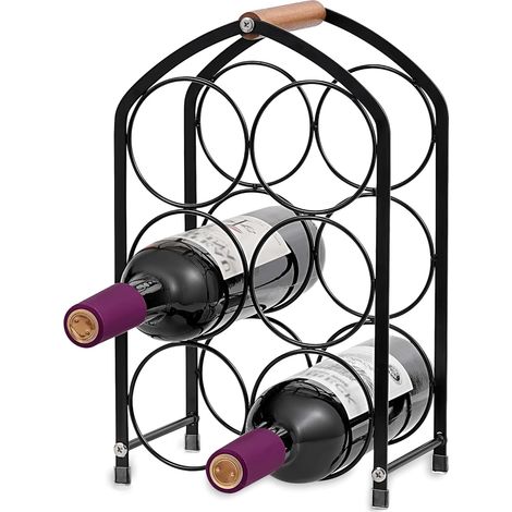 Casier à vin de comptoir pour 6 bouteilles  Casier à vin moderne en métal avec poignée en bois  Rangement autonome peu encombrant pour cuisine et bar (1/5)