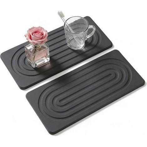 Dessous de verre en diatomite 2 pièces 20 x 10 cm – Pierre absorbante à séchage rapide – Supports pour savon liquide plantes et accessoires de salle de bain – Pour maison et cuisine – Gris foncé (1/5)