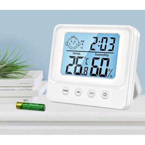 Thermomètre Intérieur Hygromètre,  Capteur Humidité Station Meteo Interieur, Intelligente Rétroéclairage, Horloge, Date, ℃ / ℉ Commutable, Thermomètre Maison Hygromètre Bureau Serre