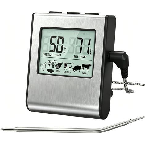 Thermometre Cuisine pour Viande Numérique avec Sonde, Large Écran LCD, Thermomètre Cuisson Barbecue avec Minuteur pour Fumoir, Grill (1/5)