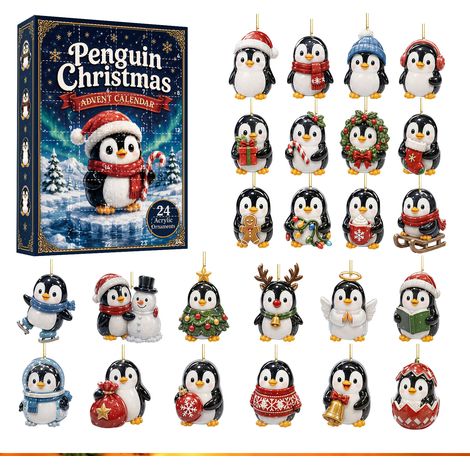 Pinguin-Adventskalender 2026 – 24 Teile – mehrfarbig – Acryl – weihnachtliches Pinguin-Design – Anhänger – Mini-Sammeldekorationen – geeignet für Weihnachtsbaum und Inneneinrichtung (1/5)