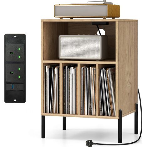 Vinyl Record Player Stand 3-tier Turntable Stand w/Charging Station (1/5)